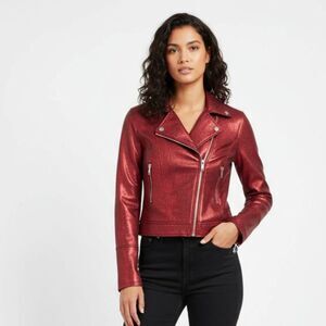 Red Shiny Cropped Zip Up Moto Long Sleeve Jacket From Chocolate M
